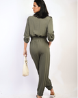 Collar Button-Front Jogger Drawstring Jumpsuit
