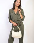 Collar Button-Front Jogger Drawstring Jumpsuit