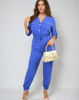 Collar Button-Front Jogger Drawstring Jumpsuit