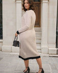 Knitted Contrast Trim Long Sleeve Midi Dress