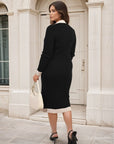 Knitted Contrast Trim Long Sleeve Midi Dress