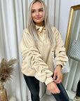 Oversized Ruched Sleeves Knitted Hoodie with Ribbon Detail