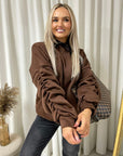 Oversized Ruched Sleeves Knitted Hoodie with Ribbon Detail