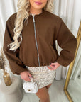 Cropped Zip Up Balloon Sleeve Bomber Jacket