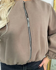 Cropped Zip Up Balloon Sleeve Bomber Jacket
