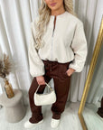 Cropped Zip Up Balloon Sleeve Bomber Jacket