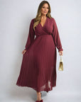 Long Sleeve V-Neck Pleated Maxi Dress