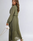 Long Sleeve V-Neck Pleated Maxi Dress