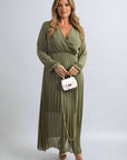 Long Sleeve V-Neck Pleated Maxi Dress