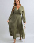 Long Sleeve V-Neck Pleated Maxi Dress