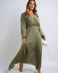 Long Sleeve V-Neck Pleated Maxi Dress