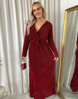 Elegant V Neck Tie Waist Glittery Maxi Dress