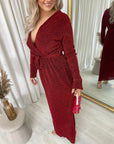 Elegant V Neck Tie Waist Glittery Maxi Dress