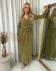 Elegant V Neck Tie Waist Glittery Maxi Dress