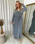 Elegant V Neck Tie Waist Glittery Maxi Dress