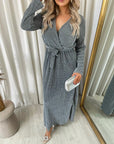 Elegant V Neck Tie Waist Glittery Maxi Dress