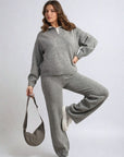 Long Sleeve Knitted Collar Top and Wide Leg Pants Co-ord Set
