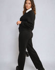 Long Sleeve Knitted Collar Top and Wide Leg Pants Co-ord Set