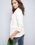 Ruched Sleeve Open Front Blazer Jacket with Front Pockets