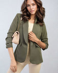 Ruched Sleeve Open Front Blazer Jacket with Front Pockets