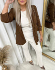 Ruched Sleeve Open Front Blazer Jacket with Front Pockets