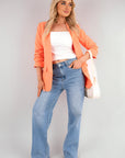 Ruched Sleeve Open Front Blazer Jacket with Front Pockets
