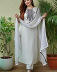 Women Indian Partywear Designer Bollywood Style White Color Kurti Pant With Dupatta Readymade Salwar Kameez-0