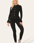 Long Sleeves Peplum Front Buttons Frilled Hem Lounge Wear Set - Toi ‘n’ Moi Ltd