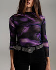 Mesh Top Rouched at the Side in Abstract Purple Print