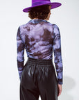 Mesh Top Rouched at the Side in Abstract Purple Print