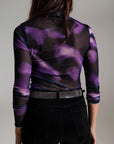 Mesh Top Rouched at the Side in Abstract Purple Print