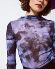 Mesh Top Rouched at the Side in Abstract Purple Print
