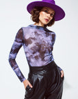 Mesh Top Rouched at the Side in Abstract Purple Print