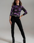 Mesh Top Rouched at the Side in Abstract Purple Print