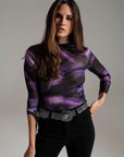 Mesh Top Rouched at the Side in Abstract Purple Print