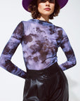 Mesh Top Rouched at the Side in Abstract Purple Print