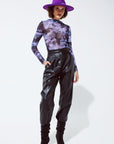 Mesh Top Rouched at the Side in Abstract Purple Print