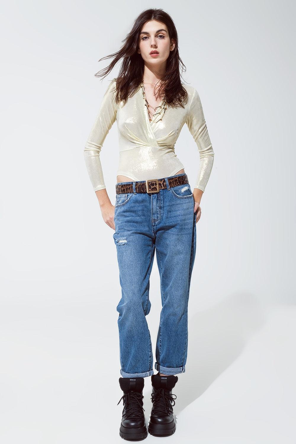 Body à finition métallisée avec détails drapés en blanc perle