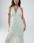 Midi Halter Dress in Mint Leaf Print With Lurex Details
