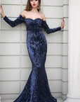 Navy Off Shoulder Sequin Gown
