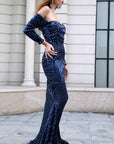 Navy Off Shoulder Sequin Gown