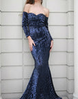 Navy Off Shoulder Sequin Gown