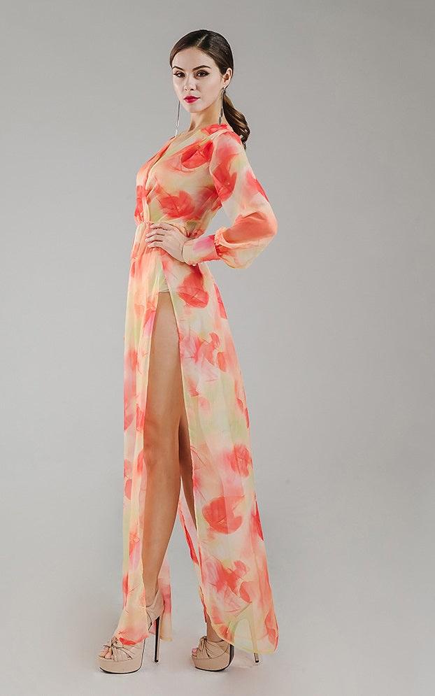 Robe longue fleurie en mousseline de soie orange