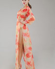 Robe longue fleurie en mousseline de soie orange