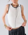 Pointelle White Sleeveless Top With Black and White Trim Detail