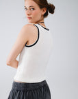 Pointelle White Sleeveless Top With Black and White Trim Detail