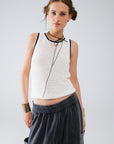 Pointelle White Sleeveless Top With Black and White Trim Detail
