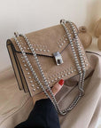 Scrub Leather Chain Rivet Lock Shoulder Bag
