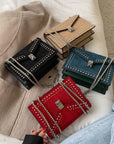 Scrub Leather Chain Rivet Lock Shoulder Bag