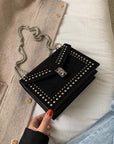 Scrub Leather Chain Rivet Lock Shoulder Bag